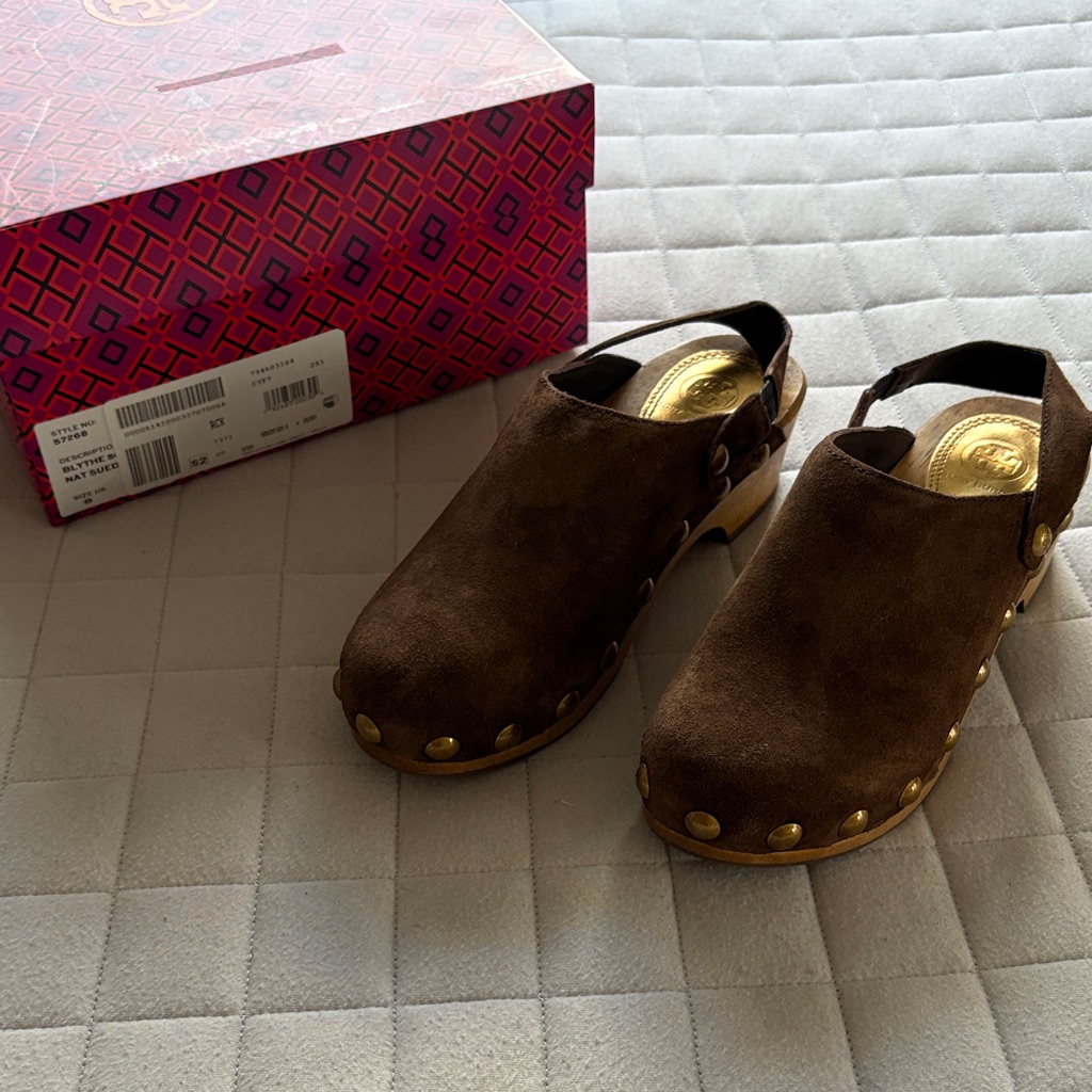 Tory Burch Women’s Blythe Dark Brown Suede Mules With Gold Accents